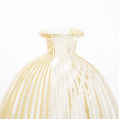 Mid Century Hand Blown Murano Glass Vase W White Yellow Linear Detailing