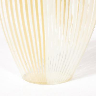 Mid Century Hand Blown Murano Glass Vase W White Yellow Linear Detailing