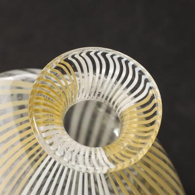 Mid Century Hand Blown Murano Glass Vase W White Yellow Linear Detailing