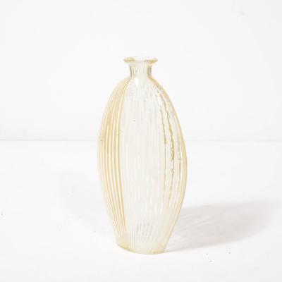 Mid Century Hand Blown Murano Glass Vase W White Yellow Linear Detailing