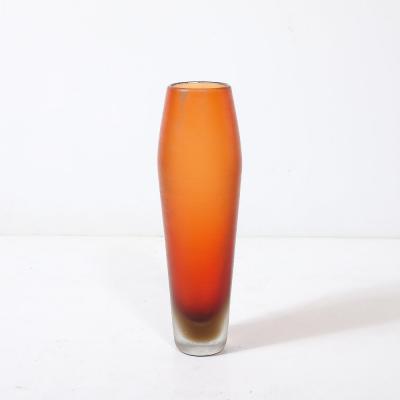 Mid Century Hand Blown Murano Glass Vase in Apricot W Fine Reeded Detailing