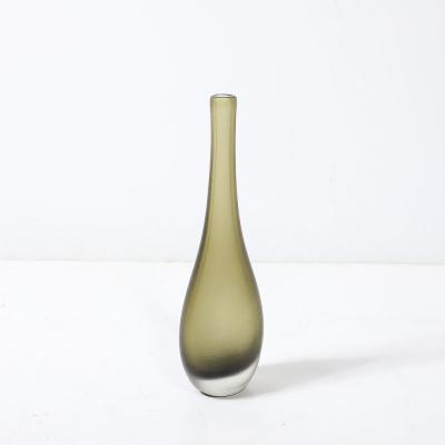 Mid Century Hand Blown Murano Glass Vase in Sap Green W Fine Textural Detailing