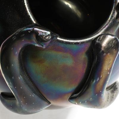 Mid Century Hand Blown Murano Iridescent Black Glass Vase w Sculptural Detail