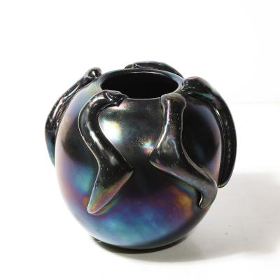 Mid Century Hand Blown Murano Iridescent Black Glass Vase w Sculptural Detail