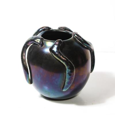 Mid Century Hand Blown Murano Iridescent Black Glass Vase w Sculptural Detail