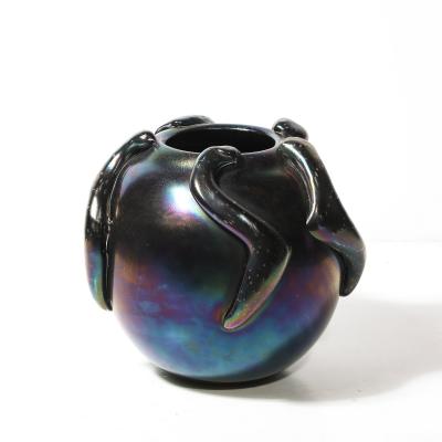 Mid Century Hand Blown Murano Iridescent Black Glass Vase w Sculptural Detail