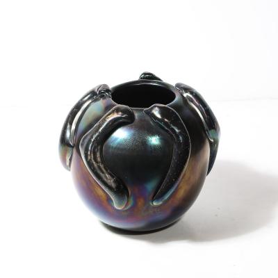 Mid Century Hand Blown Murano Iridescent Black Glass Vase w Sculptural Detail