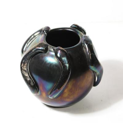 Mid Century Hand Blown Murano Iridescent Black Glass Vase w Sculptural Detail