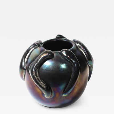 Mid Century Hand Blown Murano Iridescent Black Glass Vase w Sculptural Detail