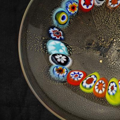 Mid Century Hand Blown Murano Millifiori 24 Karat Gold Flecked Glass Bowl
