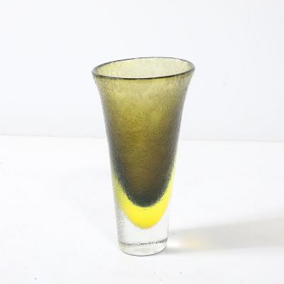 Mid Century Hand Blown Olive and Lime Green Murano Glass Vase W Mottled Texture