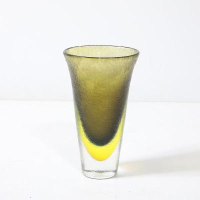 Mid Century Hand Blown Olive and Lime Green Murano Glass Vase W Mottled Texture