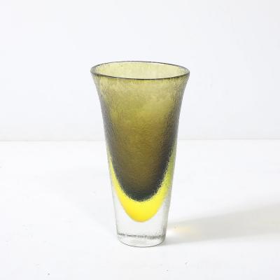 Mid Century Hand Blown Olive and Lime Green Murano Glass Vase W Mottled Texture