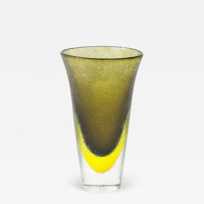 Mid Century Hand Blown Olive and Lime Green Murano Glass Vase W Mottled Texture