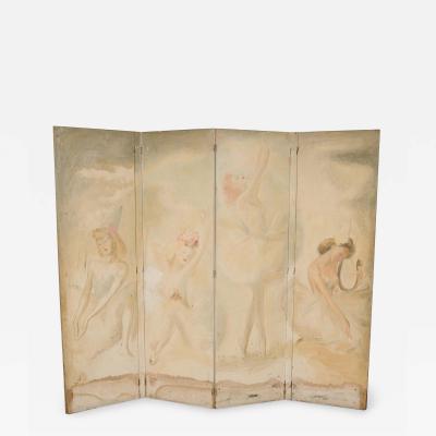 Mid Century Hand Painted Ballet Scene 4 Panel Standing Screen