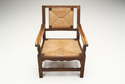 Mid Century Handcrafted Wood and Woven Straw Armchairs Europe ca 1950s