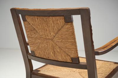 Mid Century Handcrafted Wood and Woven Straw Armchairs Europe ca 1950s