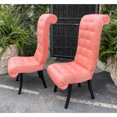 Mid Century Hollywood Regency Scroll Back Chairs W Scalamandre Fabric a Pair