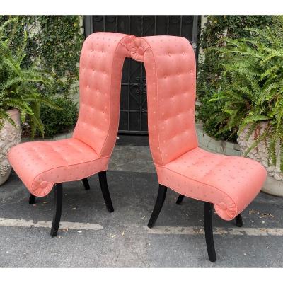 Mid Century Hollywood Regency Scroll Back Chairs W Scalamandre Fabric a Pair