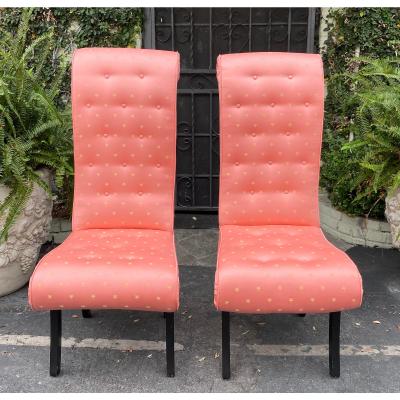 Mid Century Hollywood Regency Scroll Back Chairs W Scalamandre Fabric a Pair