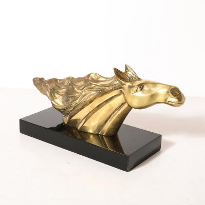Mid Century Horse Bust Sculpture w Flowing Mane in Polished Brass on Black Base