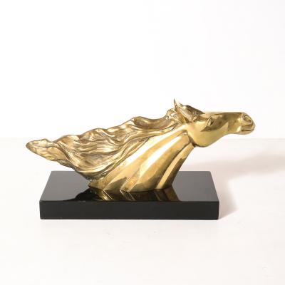 Mid Century Horse Bust Sculpture w Flowing Mane in Polished Brass on Black Base