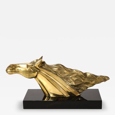 Mid Century Horse Bust Sculpture w Flowing Mane in Polished Brass on Black Base