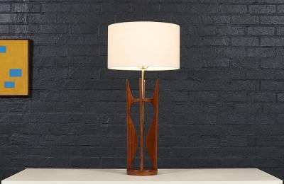 Mid Century Hourglass Sculpted Walnut Brass Table Lamp