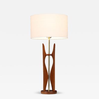Mid Century Hourglass Sculpted Walnut Brass Table Lamp