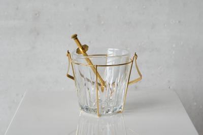 Mid Century Ice Bucket and Tong in Crystal and Brass France 1960s