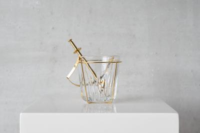 Mid Century Ice Bucket and Tong in Crystal and Brass France 1960s