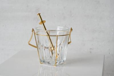 Mid Century Ice Bucket and Tong in Crystal and Brass France 1960s