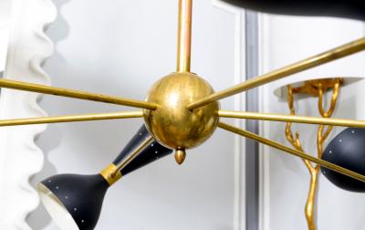 Mid Century Inspired Six Arm Brass Fixture with Unusual Black Shades
