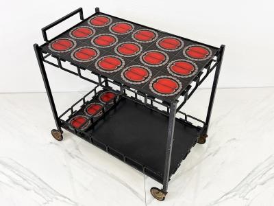 Mid Century Iron and Tile Inlay Bar Cart Dry Bar C 1950s