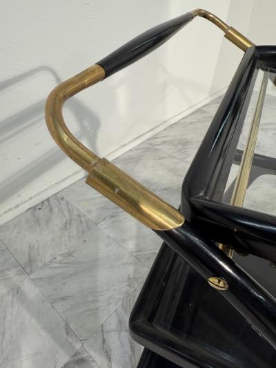 Mid Century Italian Black Lacquer Brass Bar Cart with Glass Trays