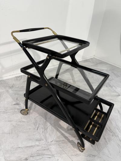 Mid Century Italian Black Lacquer Brass Bar Cart with Glass Trays