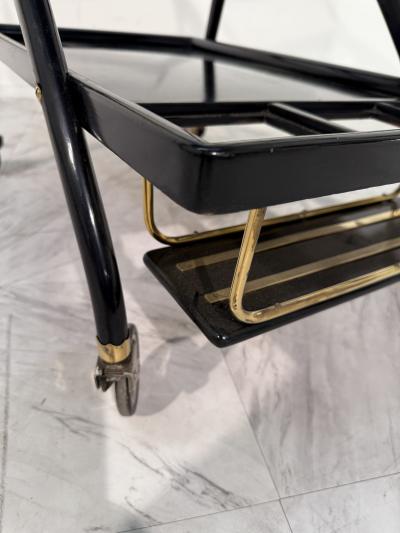 Mid Century Italian Black Lacquer Brass Bar Cart with Glass Trays