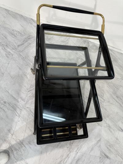 Mid Century Italian Black Lacquer Brass Bar Cart with Glass Trays