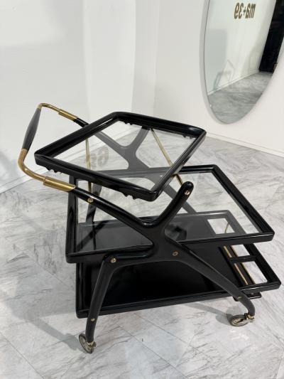 Mid Century Italian Black Lacquer Brass Bar Cart with Glass Trays