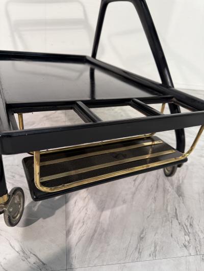 Mid Century Italian Black Lacquer Brass Bar Cart with Glass Trays