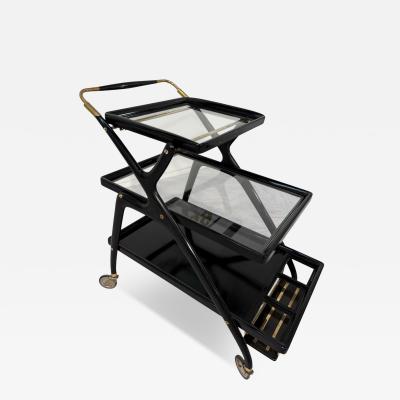 Mid Century Italian Black Lacquer Brass Bar Cart with Glass Trays