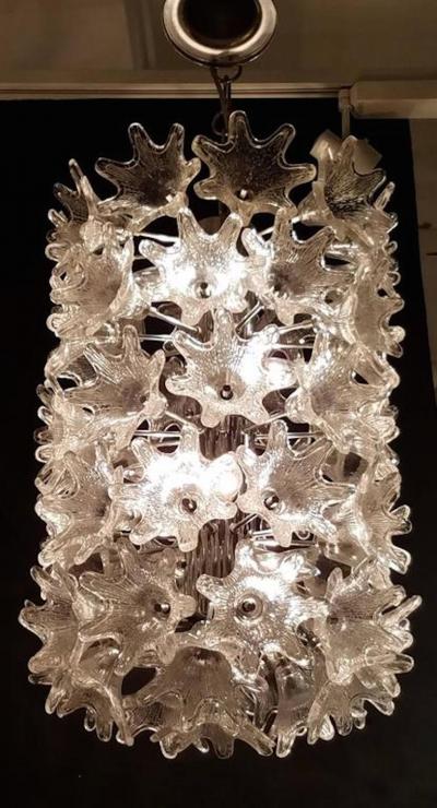 Mid Century Italian Clear Floral Murano Glass and Chrome Chandelier