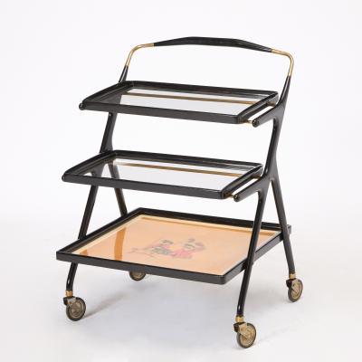 Mid Century Italian Ebonized Wood Three tiered Bar Cart with Removable Trays