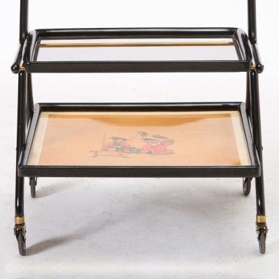 Mid Century Italian Ebonized Wood Three tiered Bar Cart with Removable Trays
