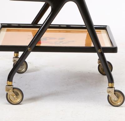 Mid Century Italian Ebonized Wood Three tiered Bar Cart with Removable Trays