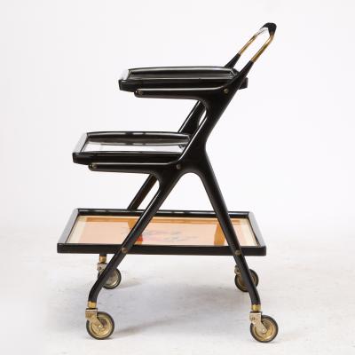 Mid Century Italian Ebonized Wood Three tiered Bar Cart with Removable Trays
