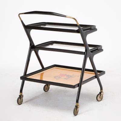 Mid Century Italian Ebonized Wood Three tiered Bar Cart with Removable Trays