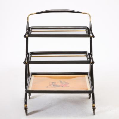 Mid Century Italian Ebonized Wood Three tiered Bar Cart with Removable Trays