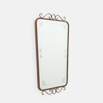 Mid Century Italian Etched Glass and Brass Wall Mirror with Scrolls