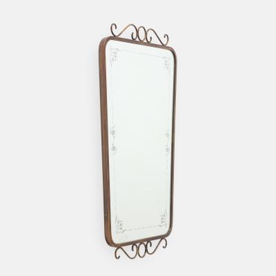 Mid Century Italian Etched Glass and Brass Wall Mirror with Scrolls